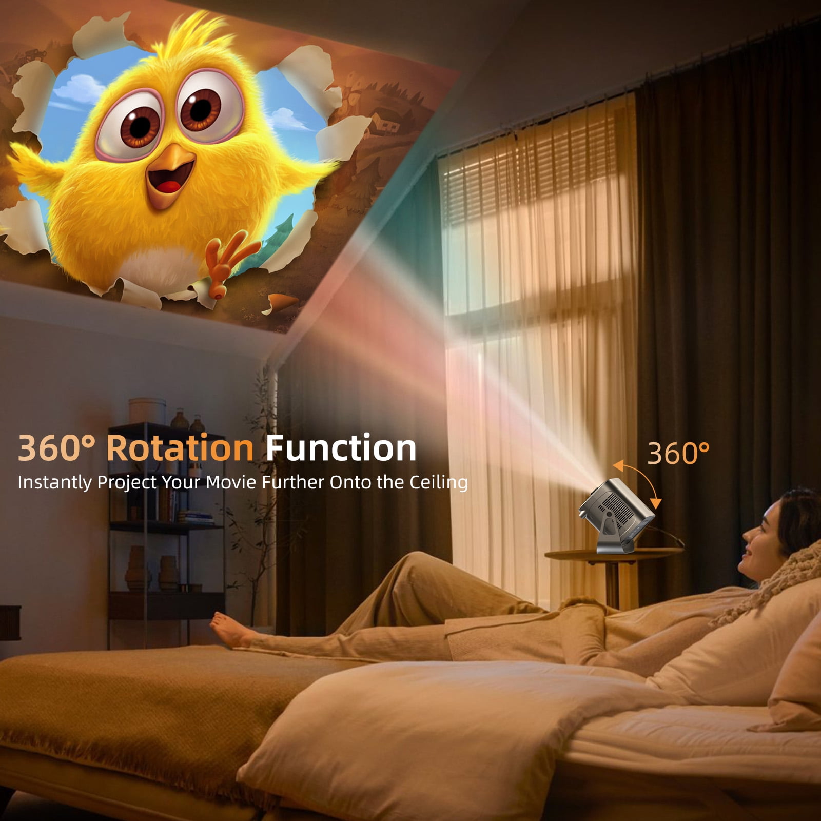 Smart Projector, Native 1080P with 4K Support, WiFi Bluetooth, Auto Focus, Keystone Correction, 360° Stand, 300'' Display for Home Theater