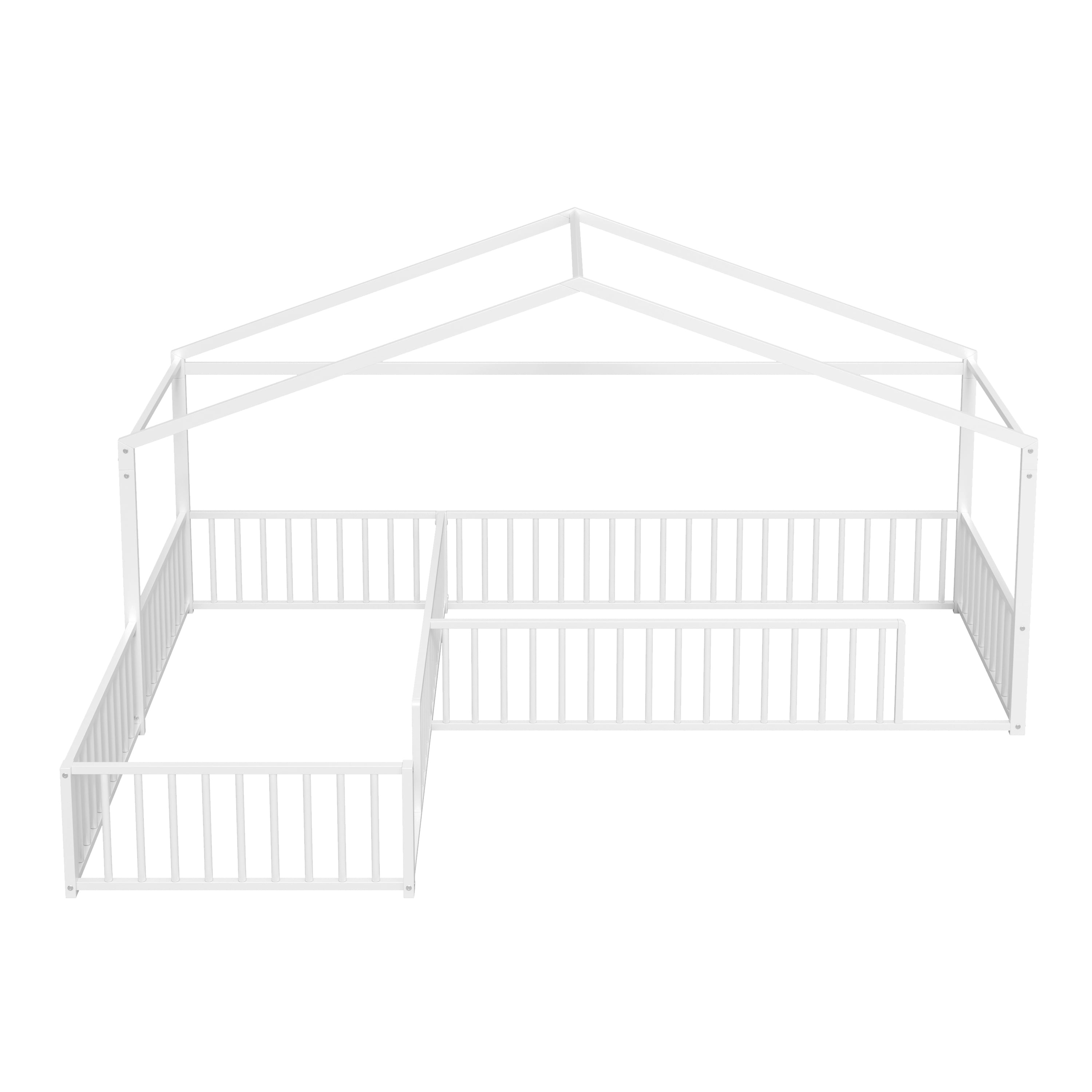 Euroco Metal L-Shaped Twin Size House Platform Bed, Double Montessori Bed with Fence, White