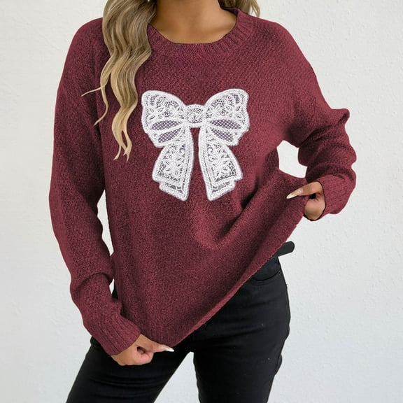 ClodeEU Women's Crew Neck Sweaters,Bow Sweater Pullover,Long Sleeve Comfortable Top Wine,Womens Plus S