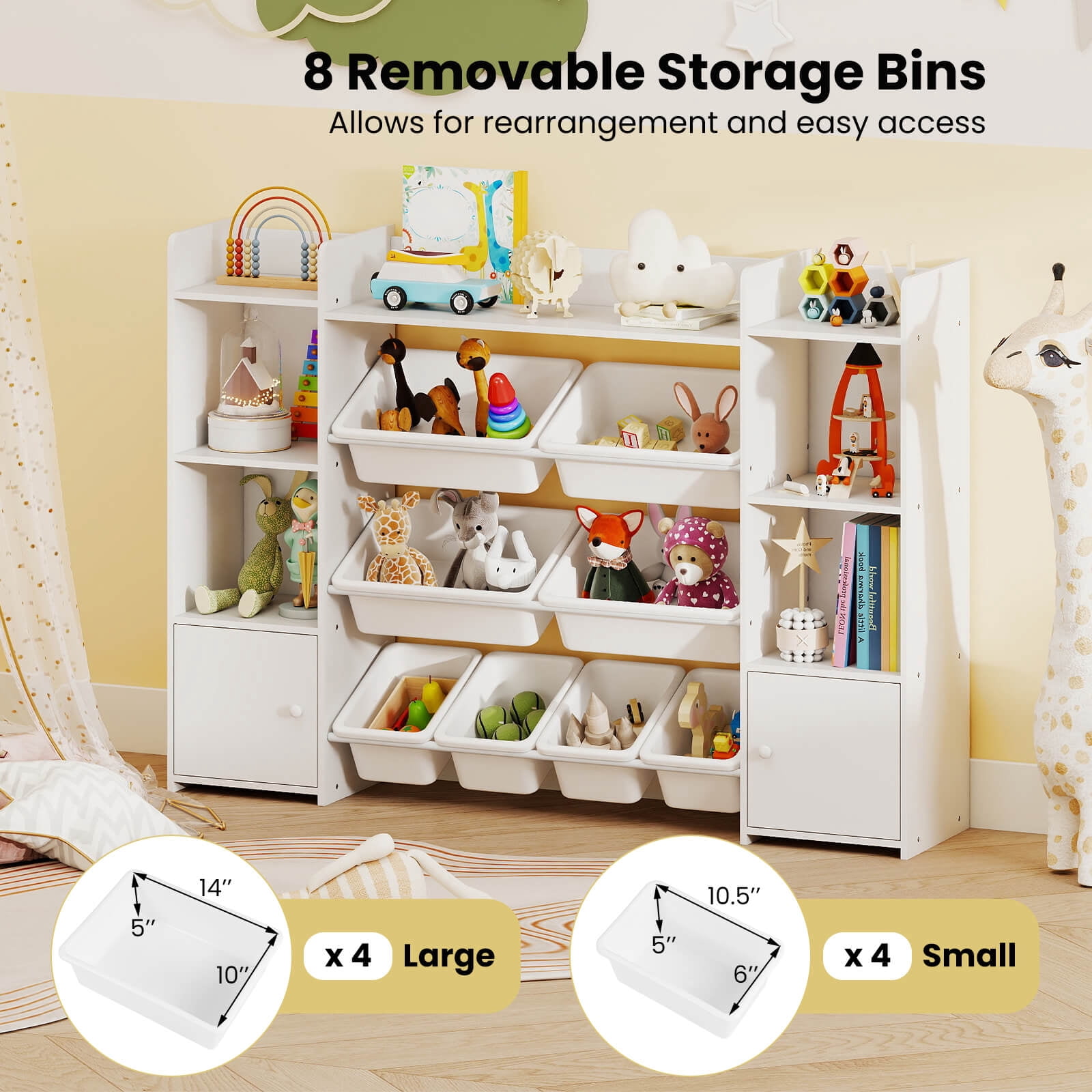 Costway 4-Tier Large Storage Cabinet with 6 Cubbies & 8 Removable Bins Bookshelf White