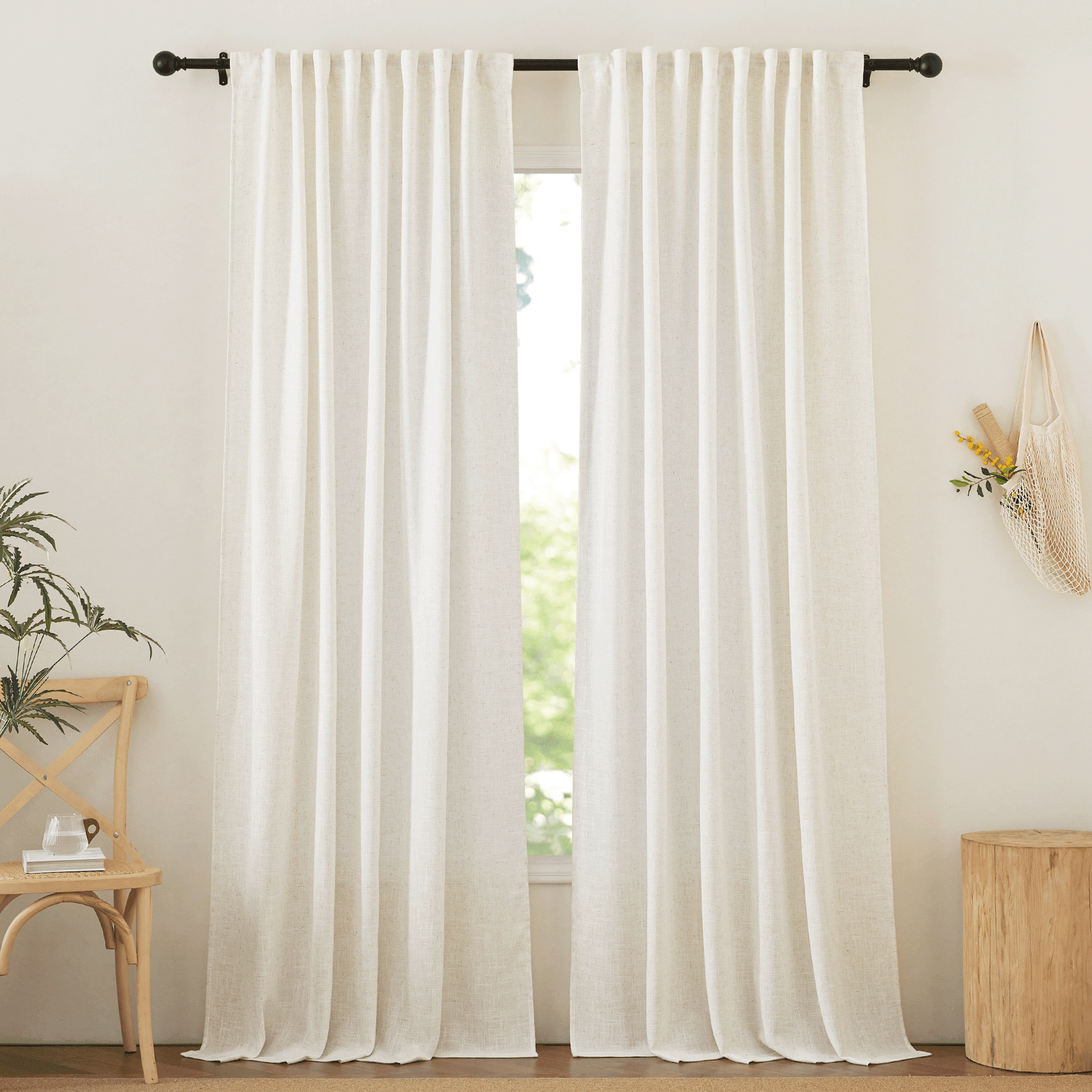 NICETOWN Semi Sheer Linen Curtains 108 inches Long for Bedroom, Light Filtering Half Privacy Back Tab/Rod Pocket Farmhouse Living Room Window Curtains, Linen, 52"x 108", 2 Panels