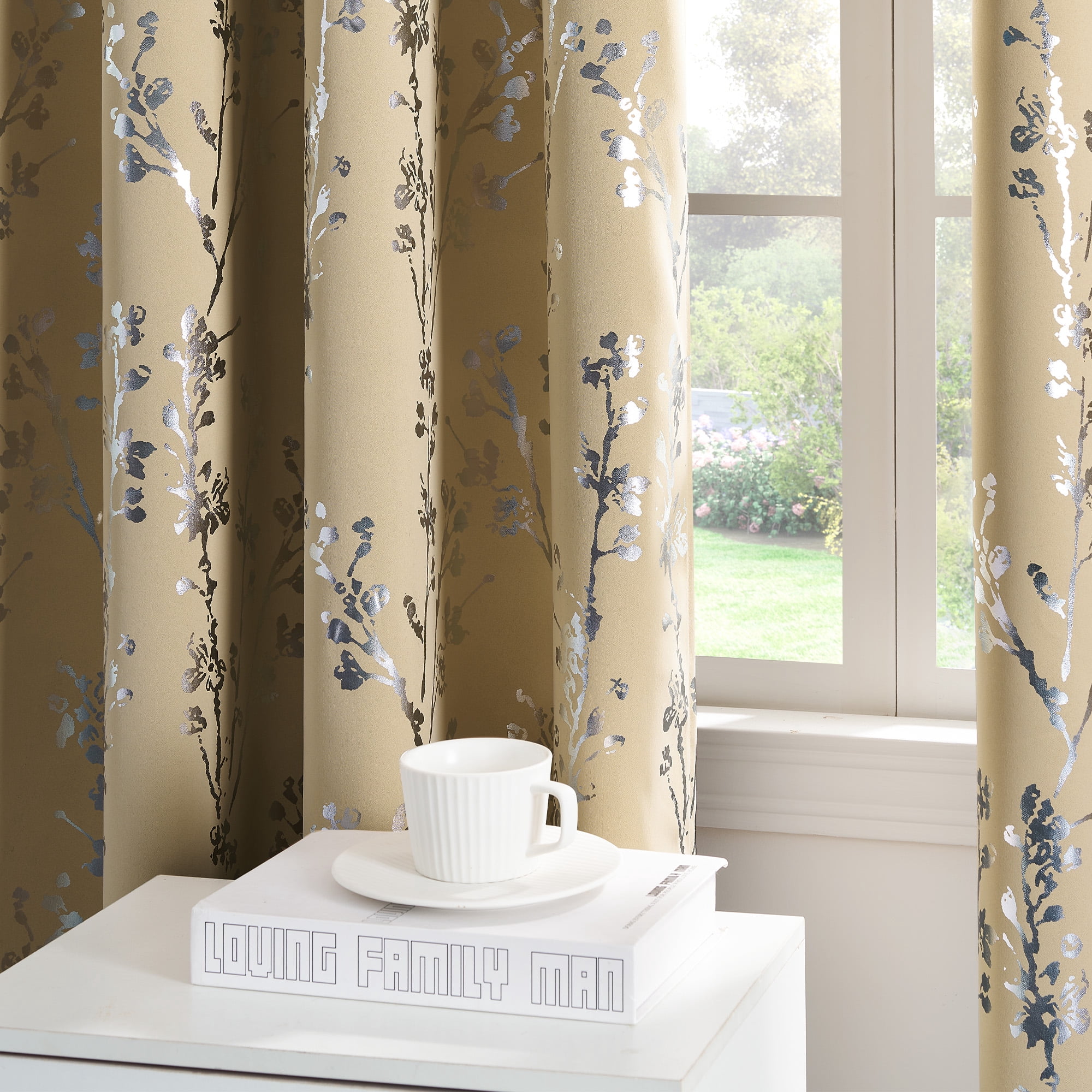 NICETOWN 100% Blackout Curtains for Bedroom, Noise Reducing Thermal Insulated Silver Branch Curtain, Grommet Blackout Curtains for Patio Sliding Glass Door 2 Panels, 52 x 63 Inch, Biscotti Beige)