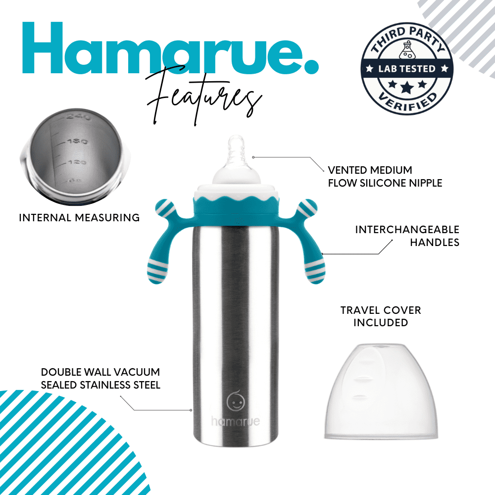 Hamarue Deluxe 3-in-1 Stainless Steel Sippy Cups for Babies & Toddlers | Non-Toxic Insulated Baby Bottle | BPA-Free | Ages 3M+ | Evolving Feeding Solution