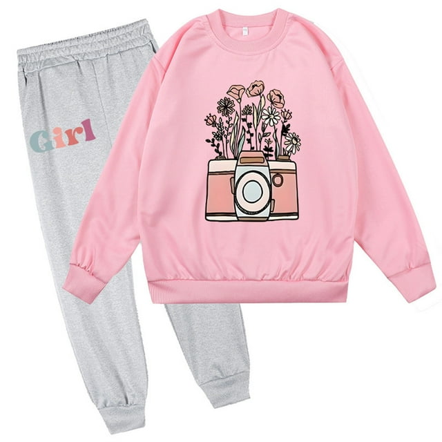Tenues d'Automne 2025 pour Enfants Fille Garçon Floral Manches Longues Col Rond Chandail Décontracté Confortable Pantalon Long Ensemble Deux Pièces Rose