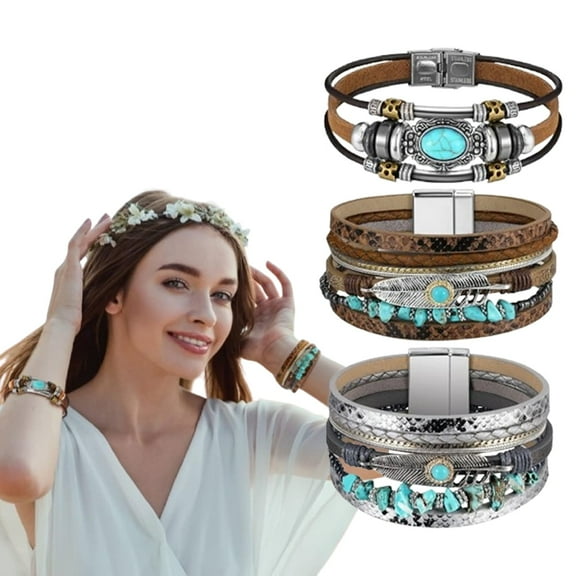 3-Piece Turquoise Bracelet Set for Women, Western Cowboy Style Adjustable Cuff,comfortable Wear,  Bohemian Jewelry for Everyday & Gift Giving