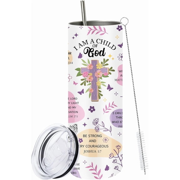 Christian Gifts for Women, 20 Oz Stainless Steel Skinny God Tumbler with Straw, Child of God Gifts, Religious Faith Inspirational Bible Verses Gift for Women, Baptism Confirmation Gift