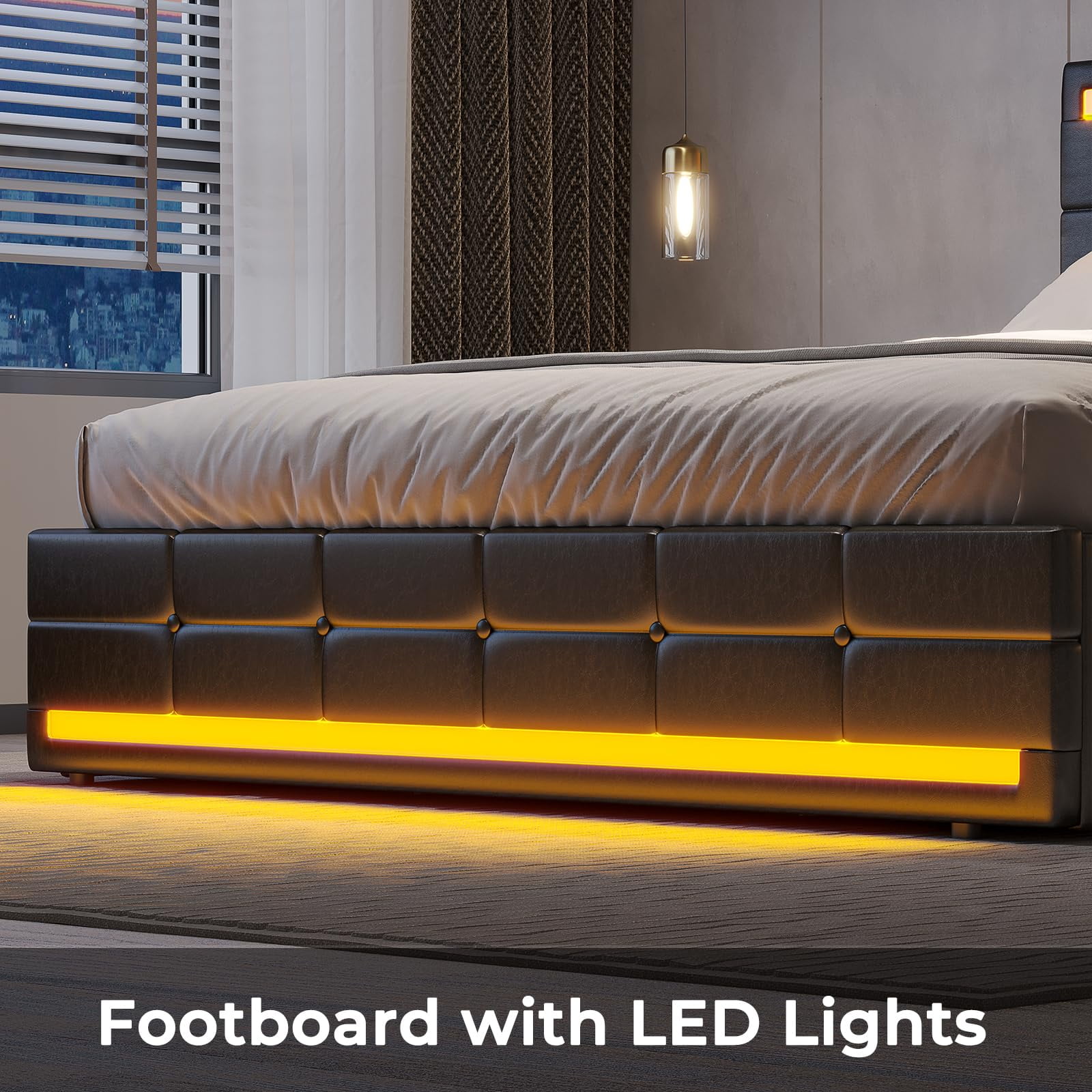 Amuzer Queen Size Bed Frame with USB, Upholstered Platform Bed Frame with Drawers and LED Lights, Black