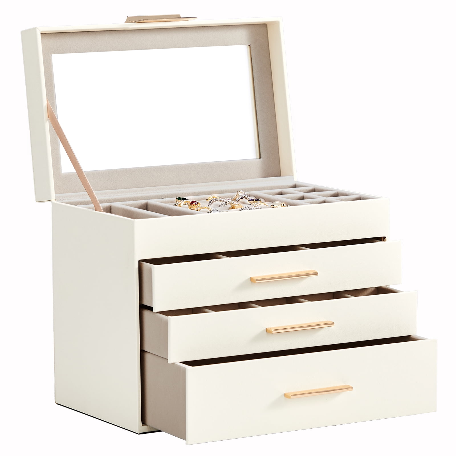 2-Drawer Jewelry Box White Jewelry Organizer with Pink Velvet Lining & Clear Top Lid Compact Storage White