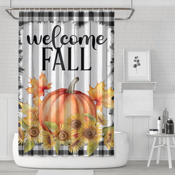 Welcome Fall Sunflower Pumpkin Buffalo Plaid Shower Curtains,Washable Bathtub Curtains with Hooks Retro Polyester Fabric Curtains for Halloween Thansgiving Christmas Hotel Dorm