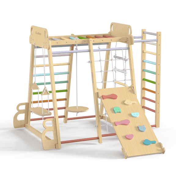 BlueWood Rainbow Climb and Slide Set Toddler Jungle Gym Wooden Indoor Multicolor