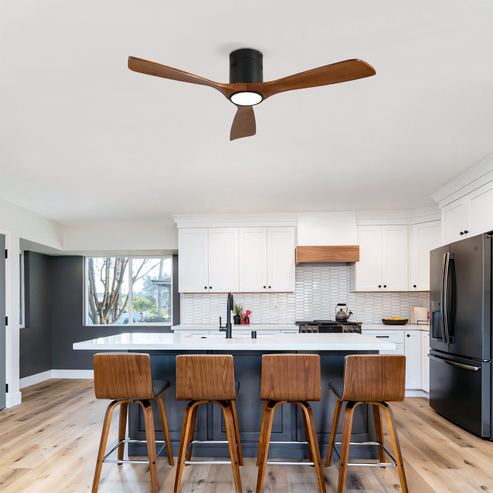Ceiling Fan with Light, 52 Inch Solid Wood Blade Remote Fan for Home Living Indoor Area, Matte Black Wood