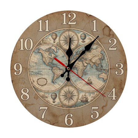 Vintage World Map Print 5mm Thick Solid Wood Wall Clock, Quiet Quartz Movement Easy Install Hanging Clock