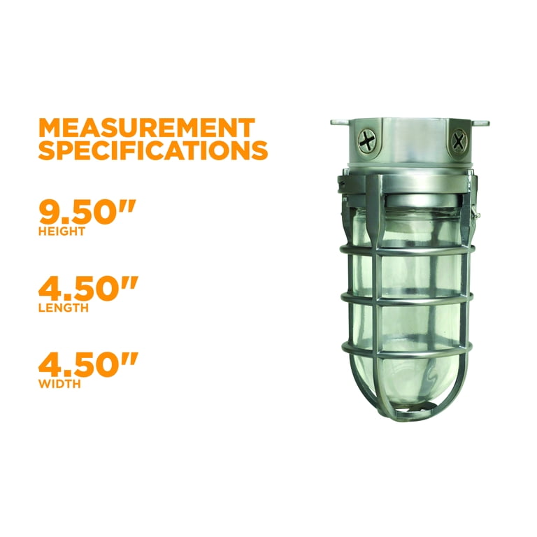 Designers Edge L1706 Silver 150W Ceiling Mount Industrial Light Fixture with Tempered Glass Lens and Cage Vandal Resistant Security Light