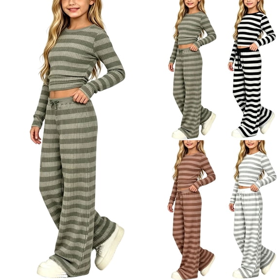 UKHCCC Girls 2 Piece Outfit, Striped Long Sleeve Crop Top and Wide Leg Pants Set with Drawstring Waist, Fall Winter Clothes Ages 7-15