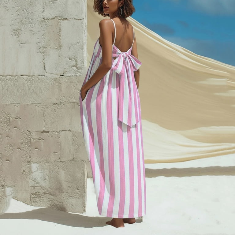 hot pink striped maxi dress Red Dress | Pink Stripe Cotton Floral Hem Halter Maxi Dress
