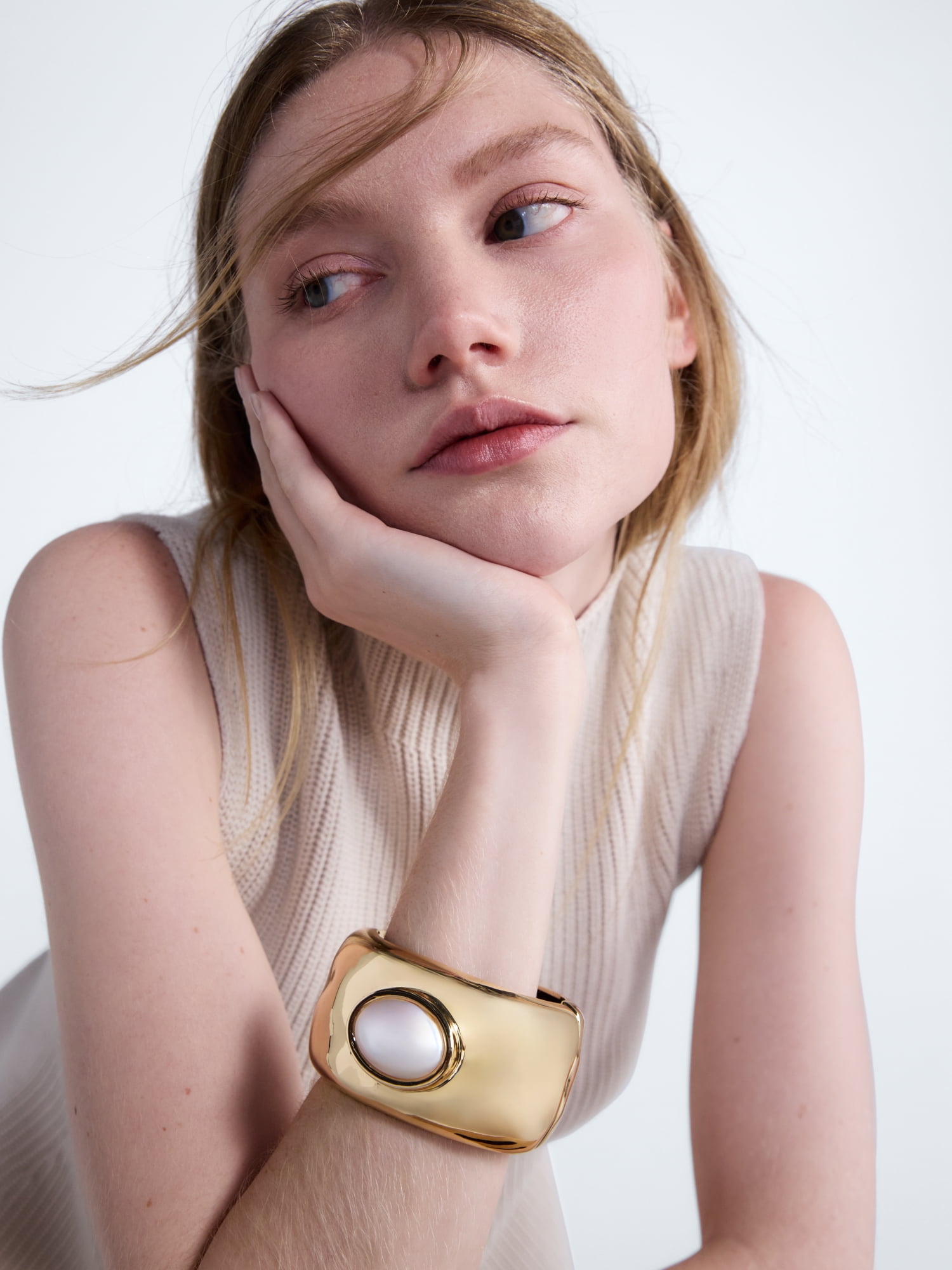 Scoop Faux Pearl Bezel Cuff Bracelet, Gold-Tone