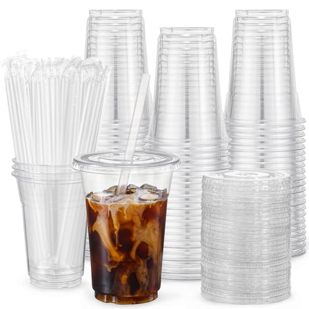 100 Sets 16oz Clear Plastic Cups with Lids Straws, Disposable Iced Coffee Smoothie Milkshake Cold Drink Cups, BPA Free, Party Home Cafe, Clear