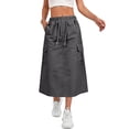 thumbnail image 2 of Women's Drawstring Waist Cargo Midi Skirt, Casual Solid Color Long Skirt with Pockets, Relaxed Fit Utility Skirt for Daily Outdoor Work Wear 06-Dark Gray M, 2 of 5