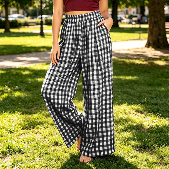 Palazzo Pants For Women High Waist Plaid Print Wide Leg Pants Casual Stretch Waistband Pants With Pockets Loose Fit For A Preppy Look Womens Pants