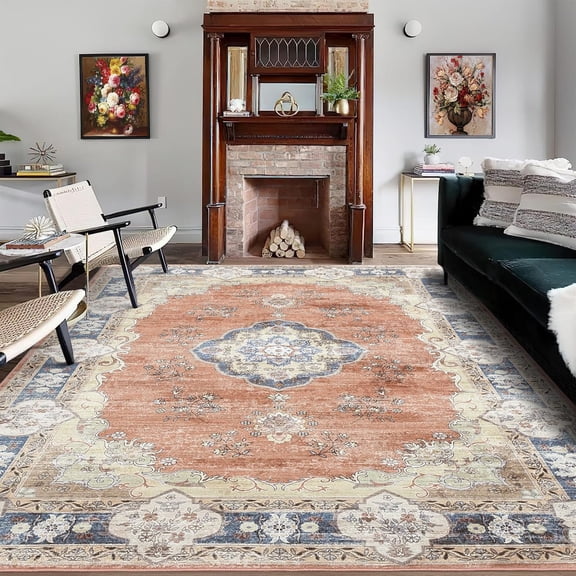 Area Rug 5x7 Washable Rugs for Living Room Soft Floral Vintage Distressed Carpet Non Slip Low Pile Accent Rug Boho Rug Indoor Floor Carpet for Bedroom Dining Room, Orange