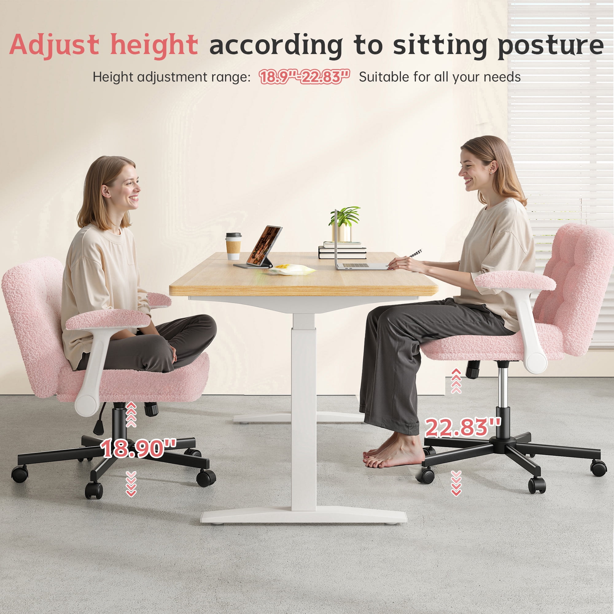 Romorgniz Criss Cross Chair with Flip-up Arms & Wheels Desk Chair with Adjustable Height & Teddy Plush Fabric for Bedroom, Home Office Desk, Vanity, Light Pink