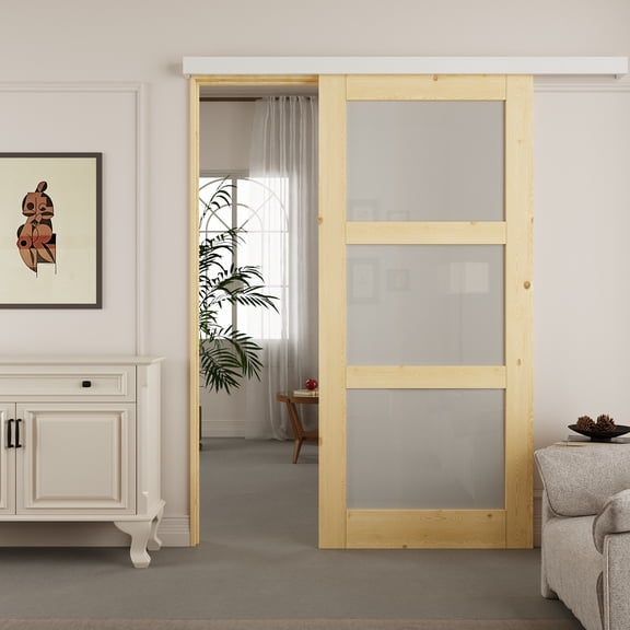 36" x 80" Solid Pine 3-Lite Frosted Glass Barn Door With Hidden Track Installation Hardware Kit/No Assembly Required