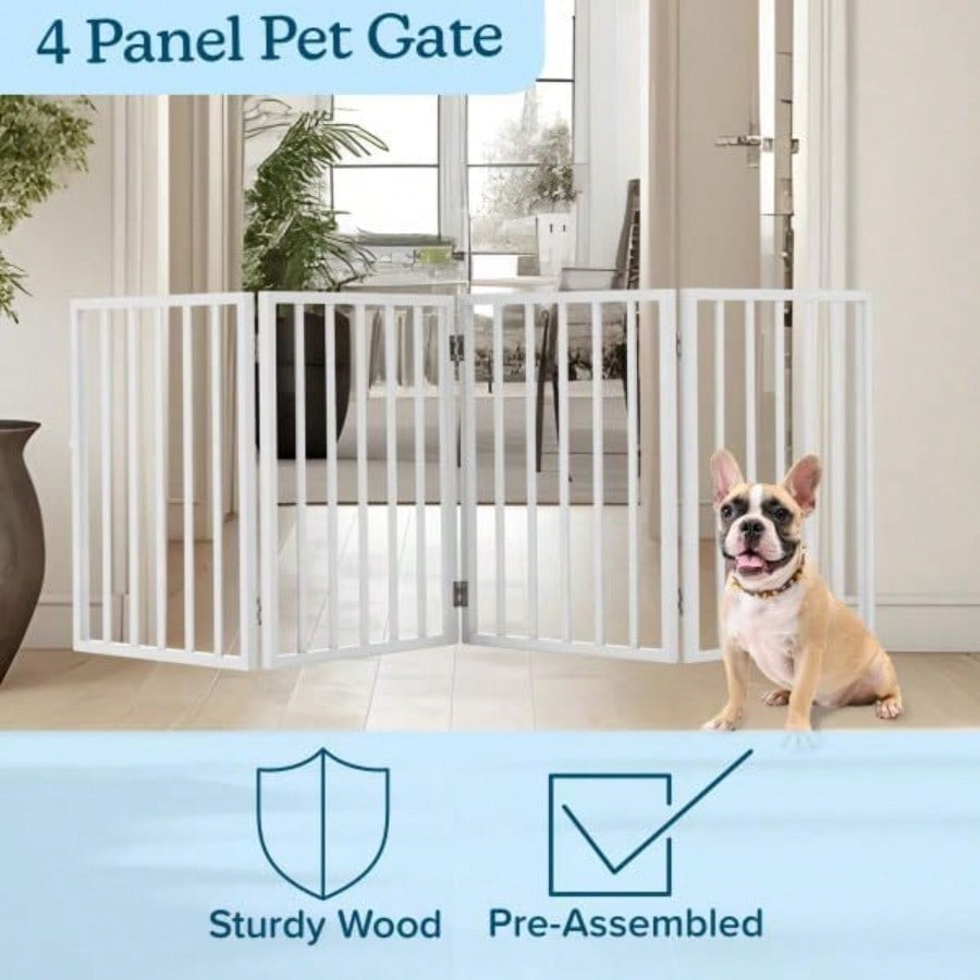 Pet Gate - 4-Panel Indoor Foldable Dog Fence for Stairs Hallways or Doorways - 72x24-Inch Retractable Wood Freestanding Dog Gates by White