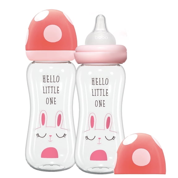 YOHKOH 8.8 oz Glass Baby Bottle,Red,Level 2 Nipple,Wide-Neck Bottle,2pk,for 3m Toddler