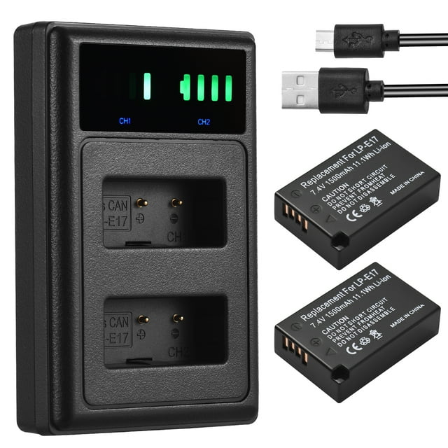 -E17 Cargador de Batería LP-E17 Con Indadors LED + 2pcs LP-E17 Baterias 7.4V 1500mAh Con Reemplazo del Cable de Carga USB para 200D/ 750D/ 760D/ 800D/ 8000D/ M3/ M6/