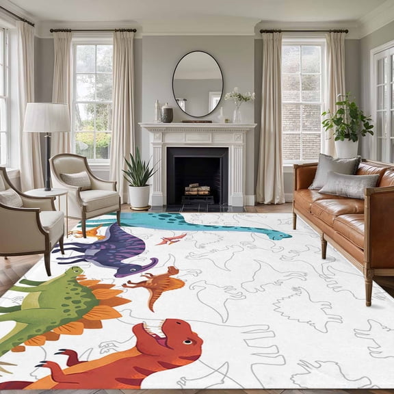 Cartoon Dinosaur Area Rugs 8'x10', Washable Small Throw Rugs for Living Room Patio, Funny Abstract Animals Cute Colorful Indoor Outdoor Rug Non-Slip Low Pile Carpet Runner Reversible Floor Mats