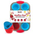 thumbnail image 1 of Boxiki Kitchen NonStick Steel 6 Cup Muffin Pan with Silicone Handles and Reusable Liners Perfect for Baking Large Muffins and Cupcakes, 1 of 1