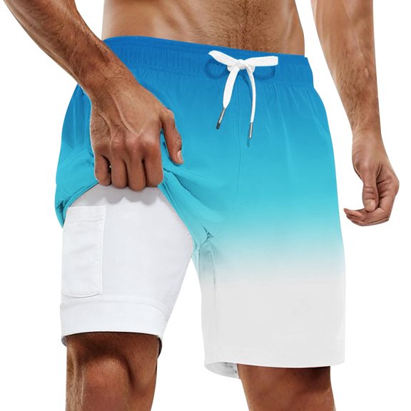 IWRICH Men's Big and Tall Swimming Trunks with Compression Liner 2 in 1 Swim Shorts with Pockets Sky Blue XL