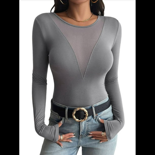 Camisas Ajustadas de Larga de con Cuello en V Profundo para Mujer, Moda Y2K 2025 Gris Oscuro XL