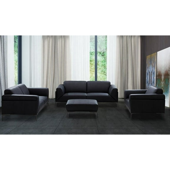 Modern Black Premium Italian Leather Living Room Set 3Pc Contemporary J&M Knight