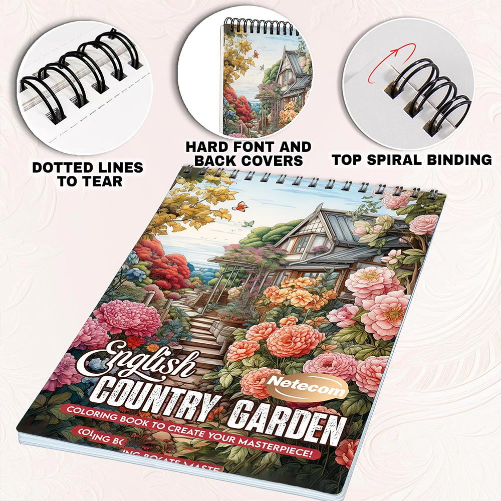 Netecom English Country Garden Coloring Book for Adults, Spiral Bound, Soft Cover