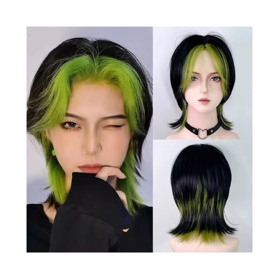 Short Straight Black Green Highlights Synthetic Wig Middle Part Fluffy Wig for Party