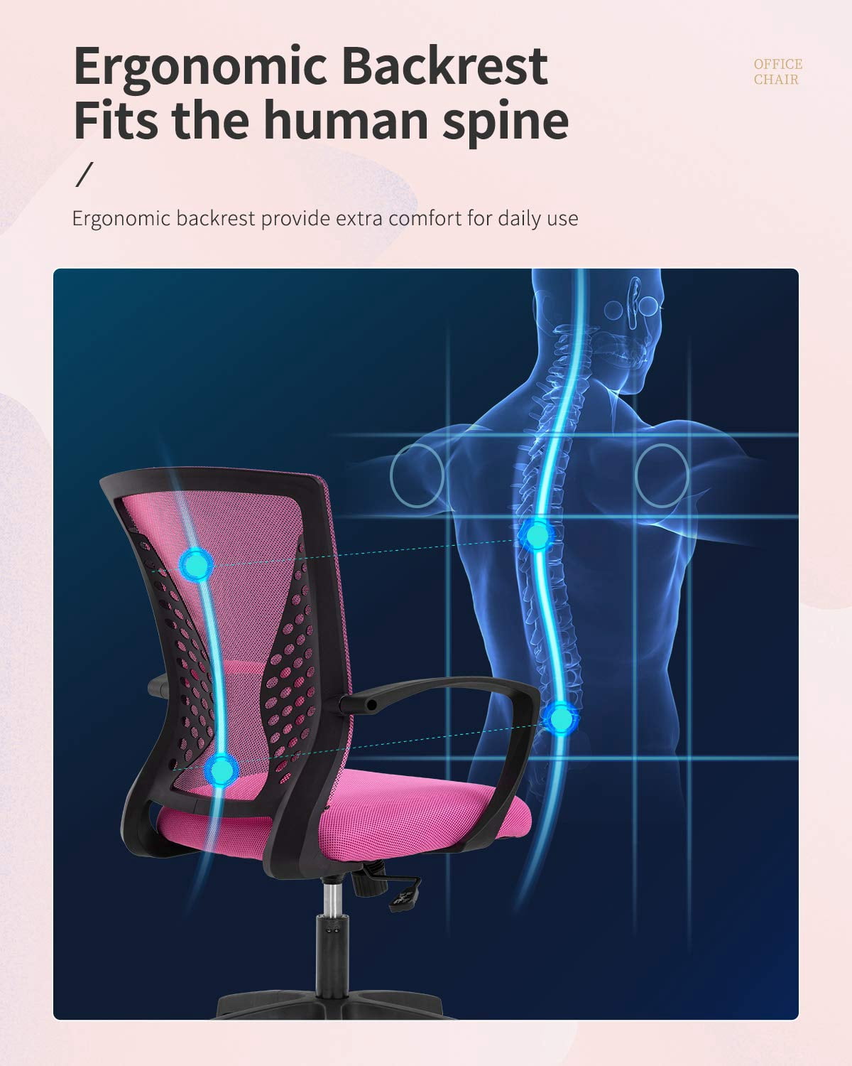 Home Office Chair - Ergonomic Mesh Desk Chair with Lumbar Support, Height Adjustable Task Chairs with Fixed Armrest, for Computer, Students, Conference, 360° Swivel, Pink