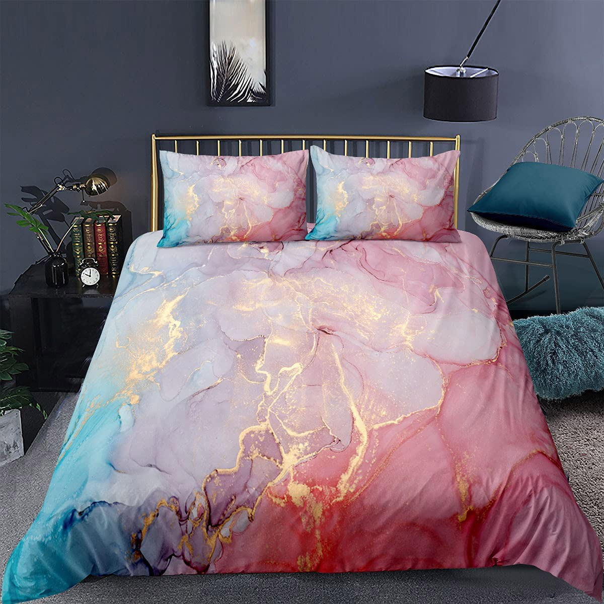 3 Pieces Blue and Pink Marble Bedding Set Marbling Full Duvet Cover for ...