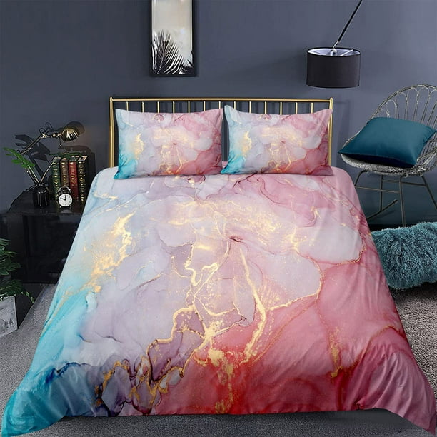 2 Pieces Blue and Pink Marble Bedding Set Marbling Twin Duvet Cover for Kids Boys Bed Comforter