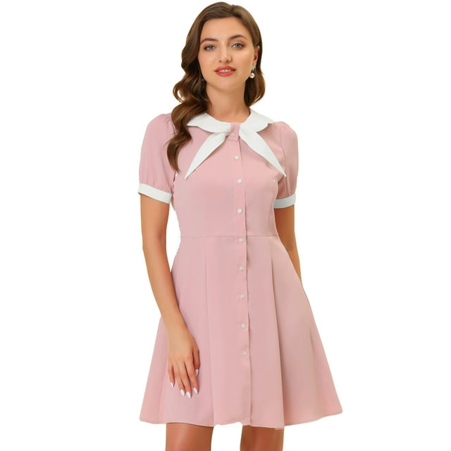 INSPIRE CHIC Women's Fit and Flare Contrast Color Bowtie Neck Dress Pink S