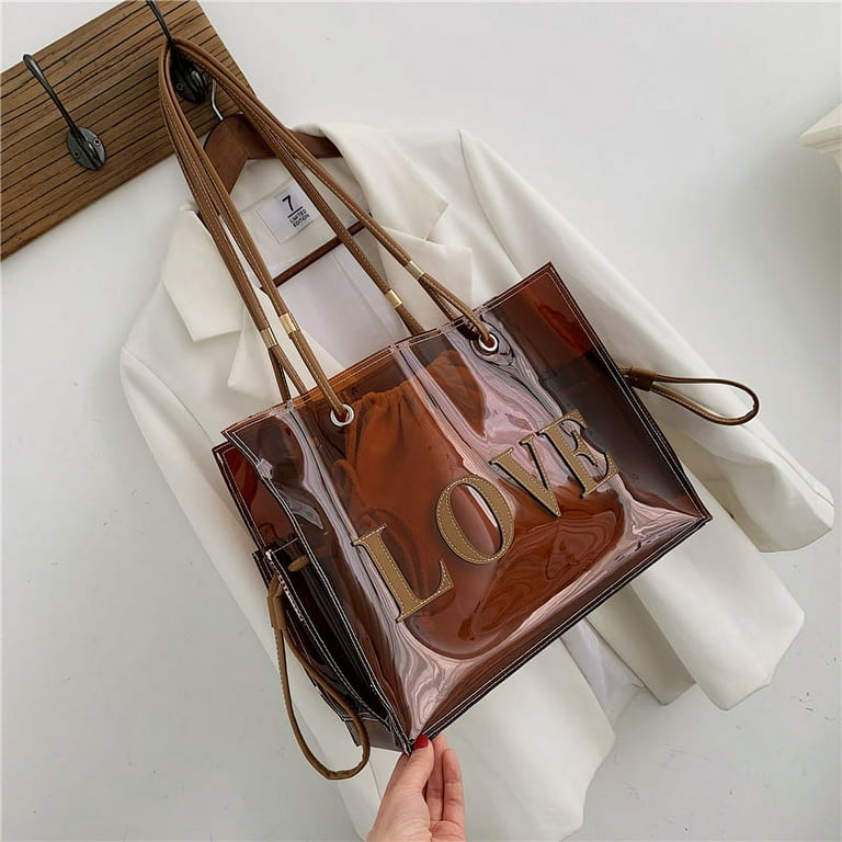 Fashion Women Transparent PVC Shoulder Bags Jelly Candy Color Large  Capacity Handbag Tote Brown 