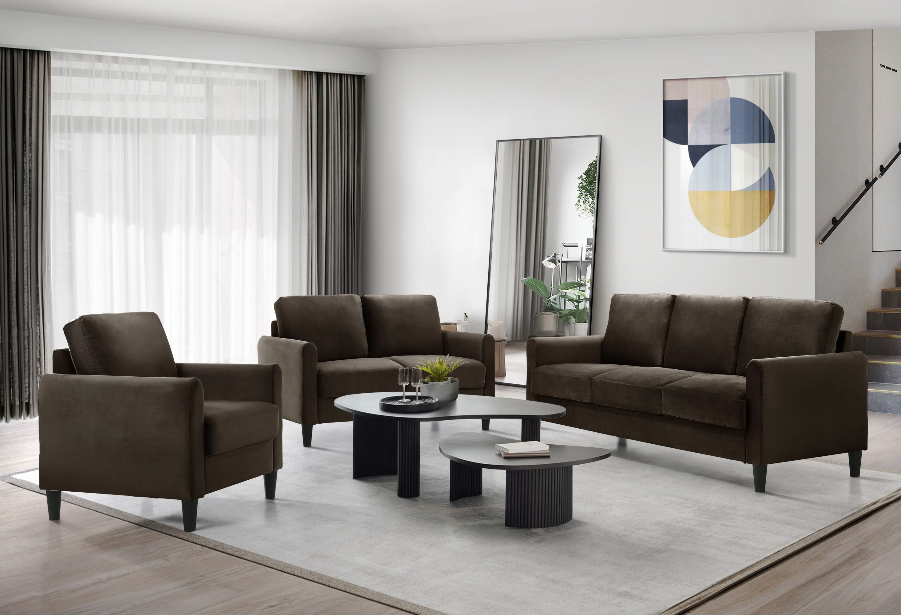 Home Design Airell Velvet Arm Sofa with Plush Armrests and Sleek Black Legs, Modern Upholstered Design for Living Room, Brown