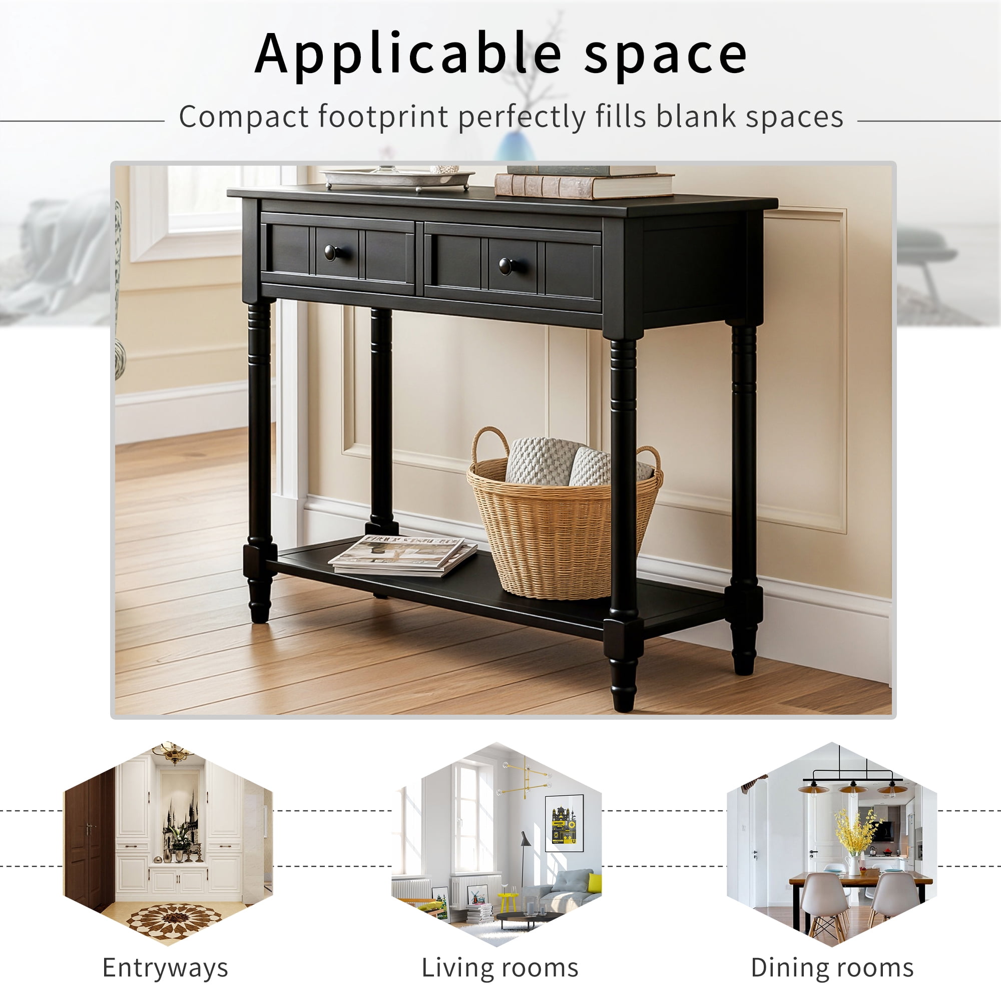 MDQMD Black Entryway Table with 2 Drawers,Solid Wood Console Tables with Bottom Shelf for Hallway,Living Room