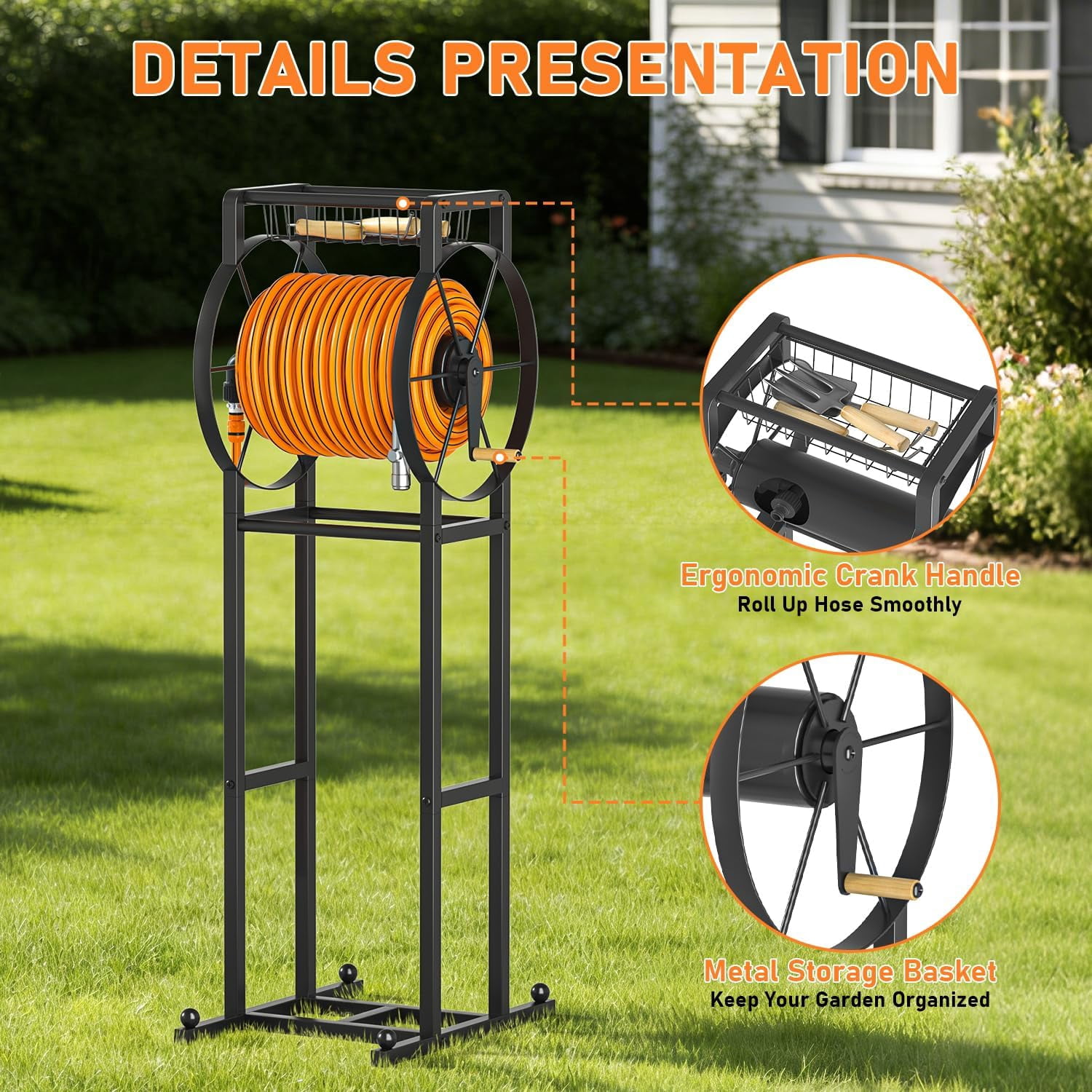 Garden Hose Reel Stand with Storage Rack - 125ft 5/8” Water Hose Organizer Holder, 4 Ground Spikes & Hooks, 3.9ft Leader Hose Brass Fitting, Detachable Metal Frame, Black