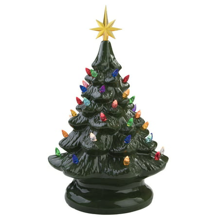 Ceramic Painted Light Up Christmas Tree with Ornaments and Star Holiday Tabletop Vintage Décor Decoration -