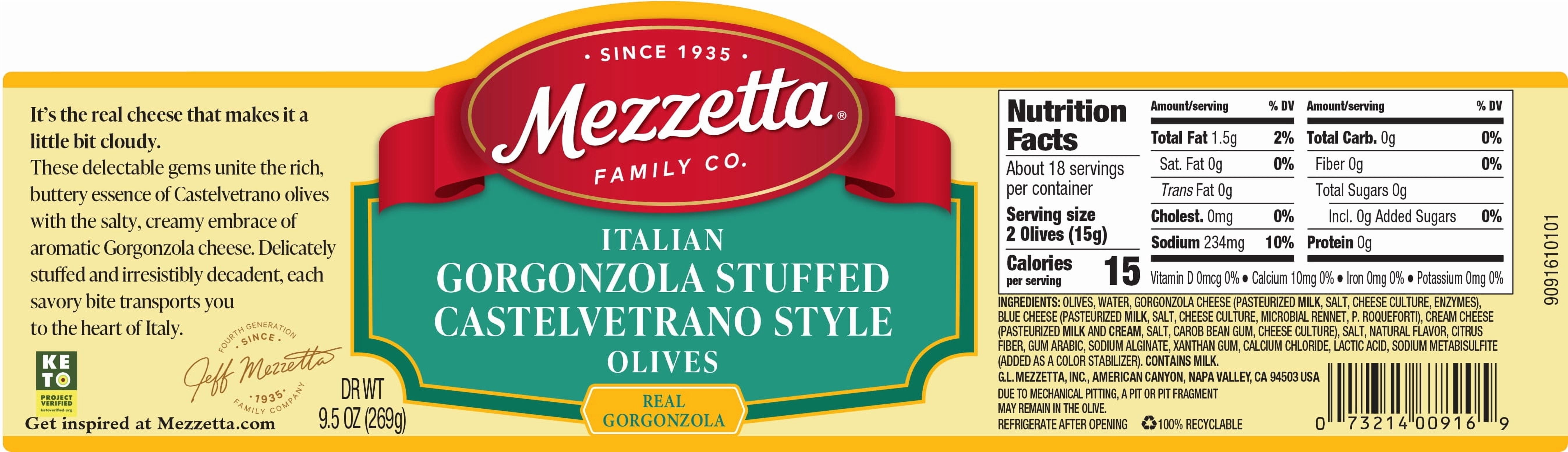 Mezzetta Italian Gorgonzola Stuffed Castelvetrano Style Olives, 16