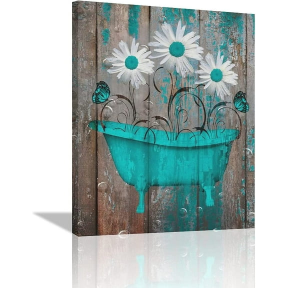 Rustic Teal Brown Farmhouse Bathroom Decor Daisy Flowers Butterflies Vintage Bathtub Country Bath Wall Art Matted Picture Vintage Floral Poster for Bedroom Living Room Ready to Hang 12x16 inch