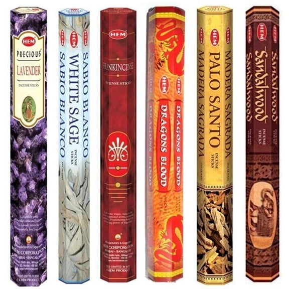 Hem Incense Sticks | 6 Boxes X 20 Sticks Each |Lavender,White Sage, Frankincense,Dragon Blood, Palo Santo & Sandalwood| - Total 120 Sticks