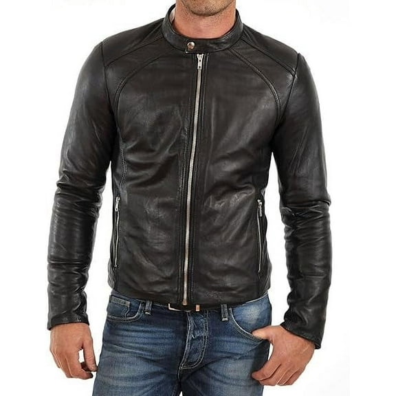 Men's Genuine Lambskin Black Leather Jacket Slim fit Biker Motorcycle jacket A565