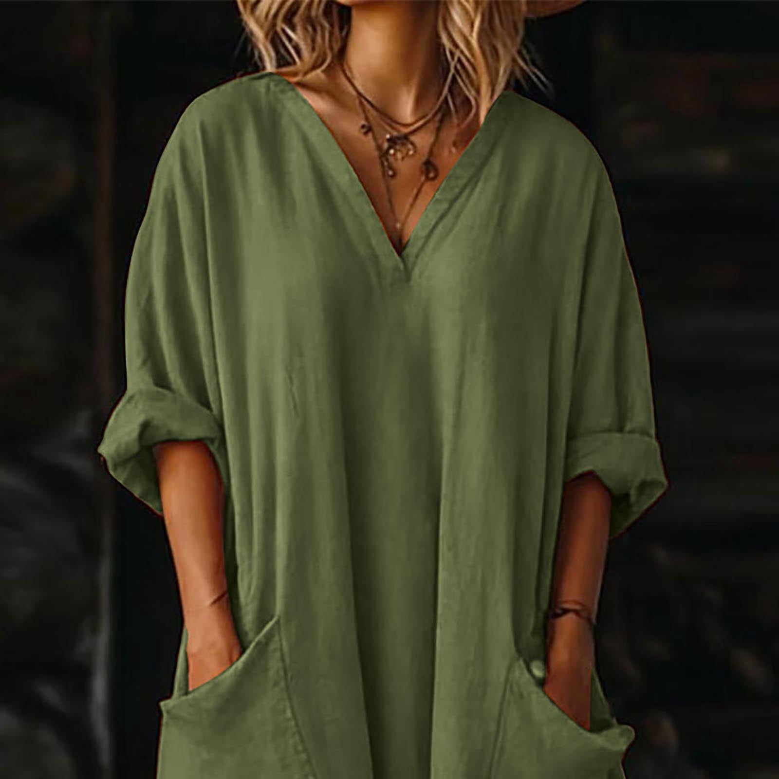 Dresses for Women, Womens Casual Loose Cotton Linen Long Shirt Dress, V-Neck Cuffed Sleeve Side Split Dresses with Pockets